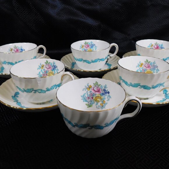 Lot of Six Minton Teacups and Five Saucers in Ardmore Ivory and Turquoise # 2309 - Picture 1 of 12